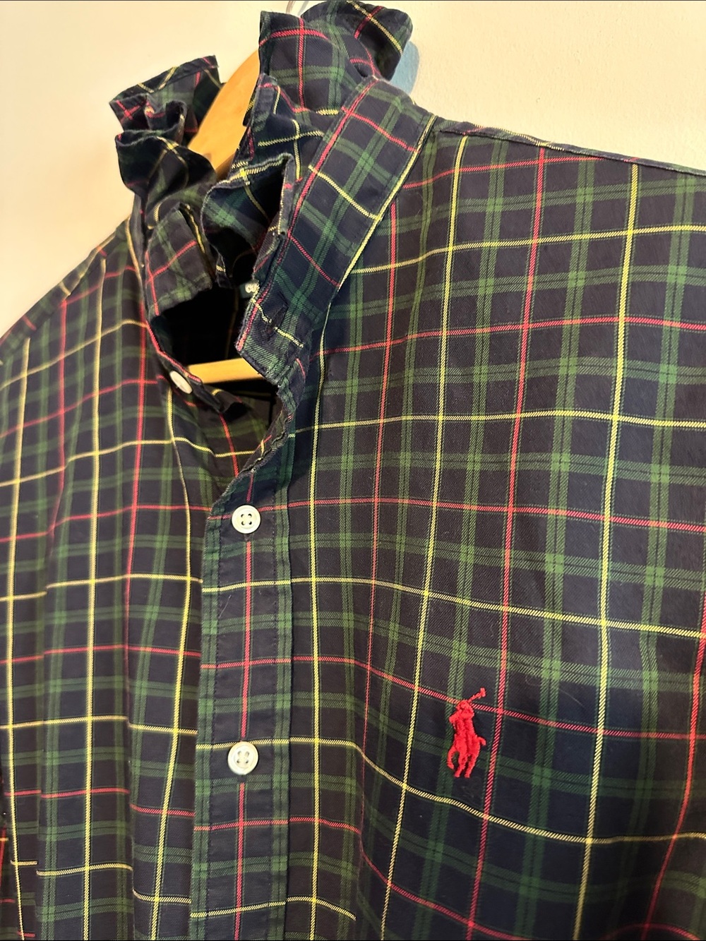 Ralph Lauren Navy and Green Plaid Ruffled collar Shirt with Red Logo